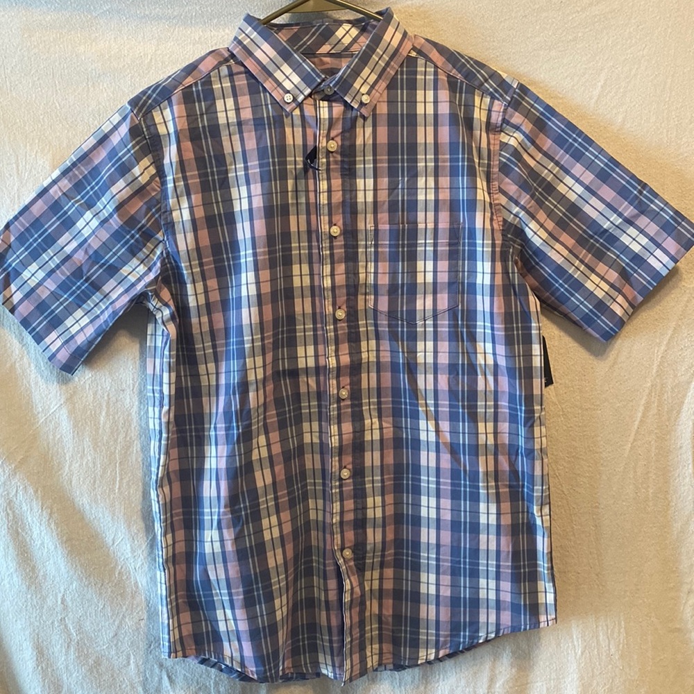 George Classic Fit Short Sleeve Button Up Stretch Plaid Shirt Men S (34-36) NWT